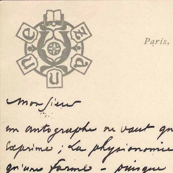 Uzanne - Carte de correspondance autographe signée, circa 1900