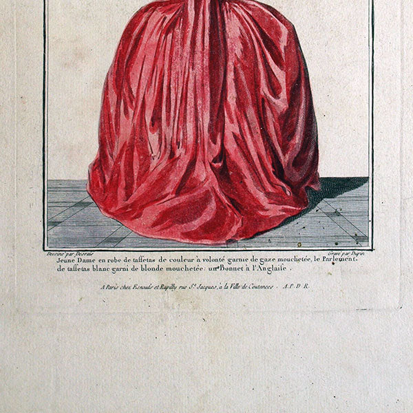 Gallerie des Modes et Costumes Français, 1778-1787, gravure n° Q 94, Jeune Dame en robe de taffetas de couleur à volonté (1778)