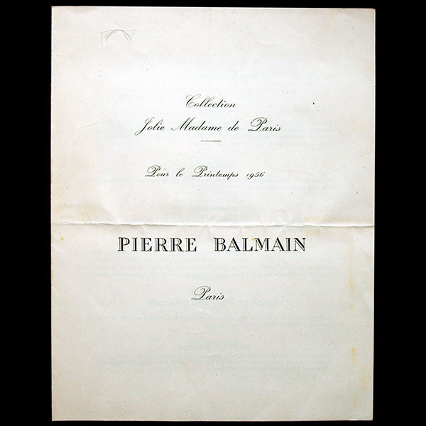 Balmain, programme de défilé, Collection Jolie Madame de Paris, Printemps 1956