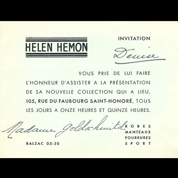 Carton d'invitation de la maison Helen Hemon, 105 faubourg Saint Honoré à Paris (circa 1935)