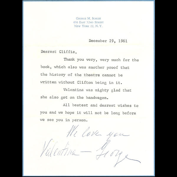 Valentina - lettre signée adressée à l'acteur Clifton Webb (1961)