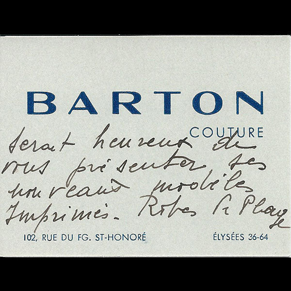 Carton d'invitation de la maison Barton, 102 faubourg Saint Honoré à Paris (circa 1935)