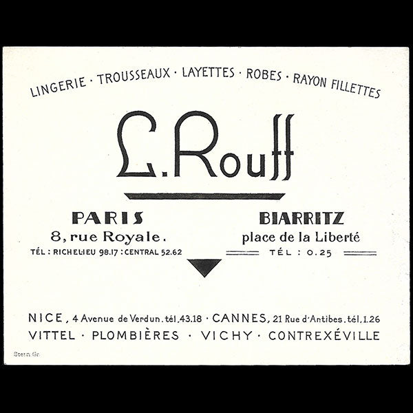 L. Rouff - carte de la maison de couture, 8 rue Royale à Paris (circa 1928)