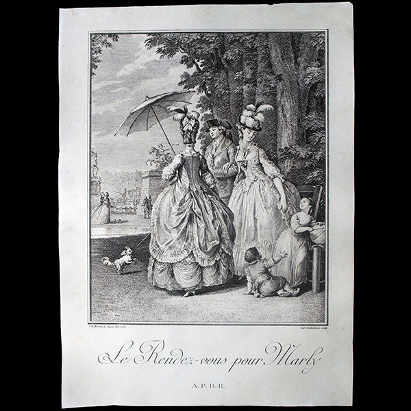 Moreau le Jeune - Le Rendez-vous pour Marly, gravure de la 2nde Suite d'Estampes pour servir l'histoire des Modes et du Costume (1777), copie postérieure du XXème