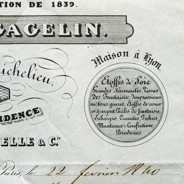 Facture de la maison Gagelin, Opigez, Chazelle et Cie, A la Providence, rue de Richelieu, Paris (1840)