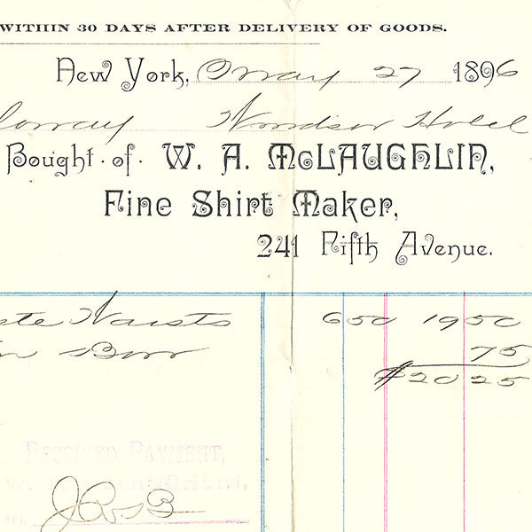 W. A. McLaughlin - Facture de W. A. McLaughlin, chemisier, 241 Fifth Avenue à New York (1896)