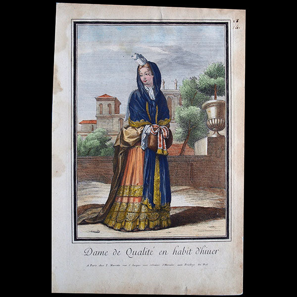 Dame de qualité en habit d'hiver, gravure de Mariette (circa 1690)