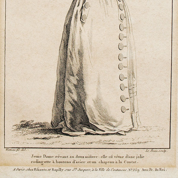 Gallerie des Modes et Costumes Français, 1778-1787, gravure n° iii 331, Jeune Dame rêvant au doux mystère par Watteau (1787)