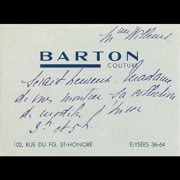 Carton d'invitation de la maison Barton, 102 faubourg Saint Honoré à Paris (circa 1935)