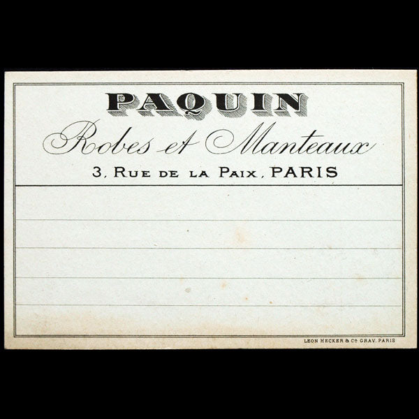 Carte de la maison Paquin, robes et manteaux, 3 rue de la paix à Paris (circa 1910)