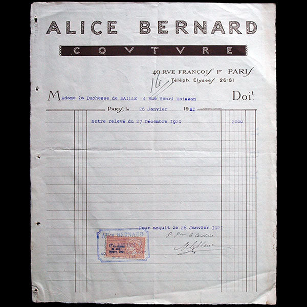 Facture de la maison Alice Bernard, 40 rue François Ier à Paris (1921)