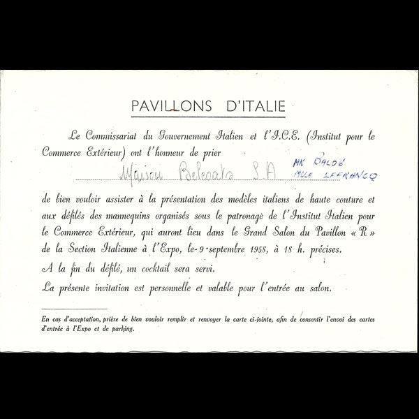 Invitation à un défilé de mode au Pavillon de l'Italie à l'Exposition internationale de 1958