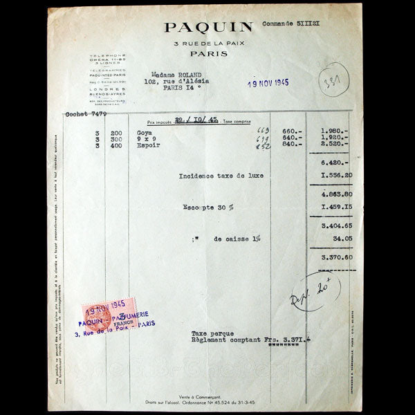 Facture de la maison Paquin parfums (1945)