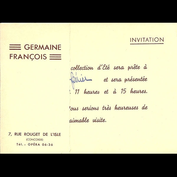 Carton d'invitation de la maison Germaine François, 7 rue Rouget de l'Isle (1936)