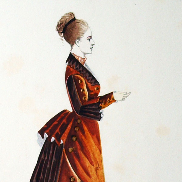Projets de robes, ensemble de 3 dessins à l'aquarelle d'un dessinateur en costumes et robes (circa 1870)