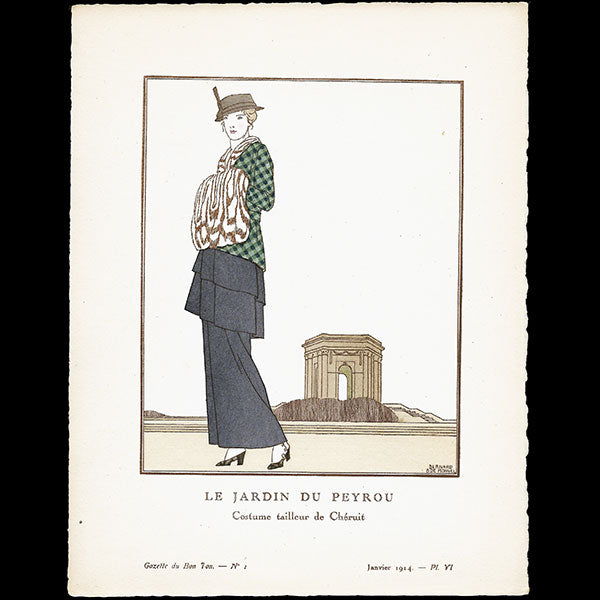 Gazette du Bon Ton - Le Jardin du Peyrou, costume tailleur de Chéruit, planche de Bernard Boutet de Monvel (n°1, 1914)