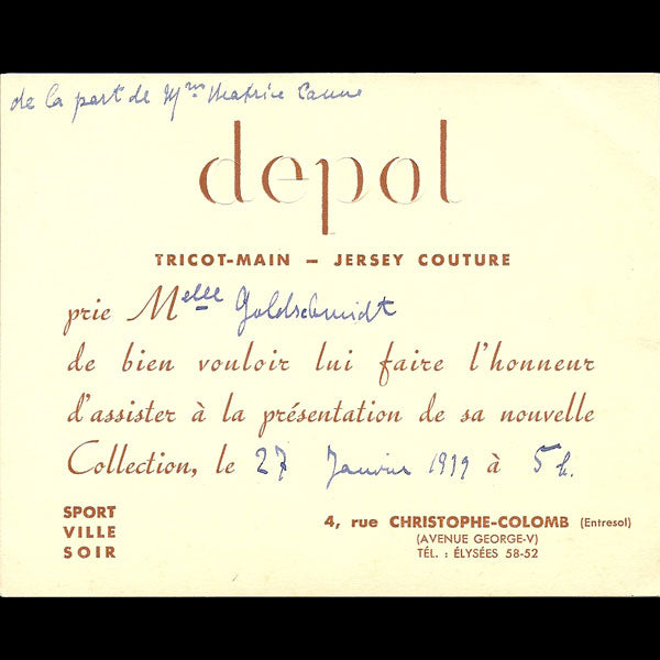 Carton d'invitation de la maison Depol, 4 rue Christophe Colomb à Paris (1939)