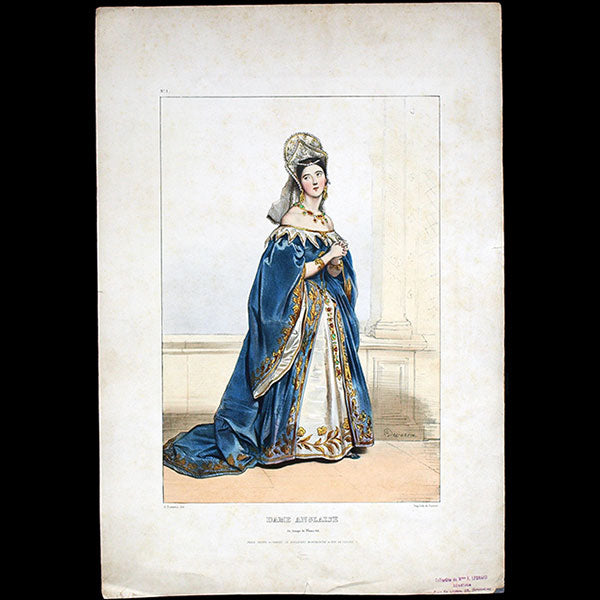 Achile Deveria - Costumes Historiques de Ville ou de Théâtre, Planche n°1, Dame Anglaise du temps de Henri VIII (1831)