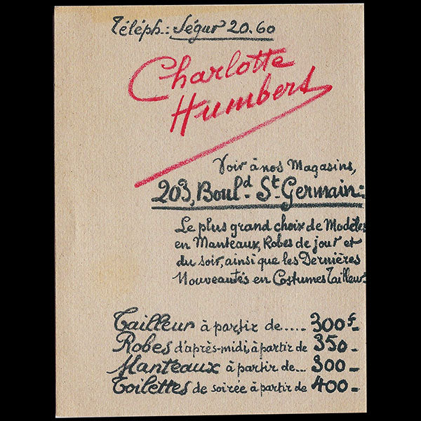 Charlotte Humbert - Carte de la maison de couture, 203 boulevard Saint-Germain à Paris (circa 1920-1928)