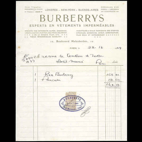 Burberrys - Facture de la maison experte en imperméables, 10 boulevard Malesherbes à Paris (1909)