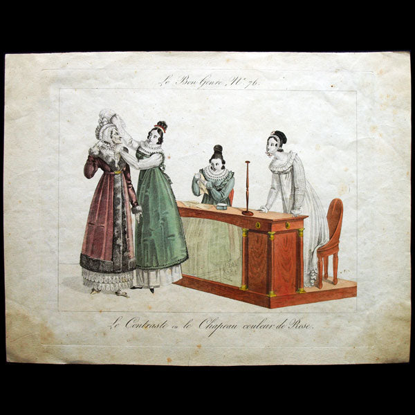 Le Bon Genre, gravure n°76, le Contraste ou le Chapeau couleur de Rose (1815)