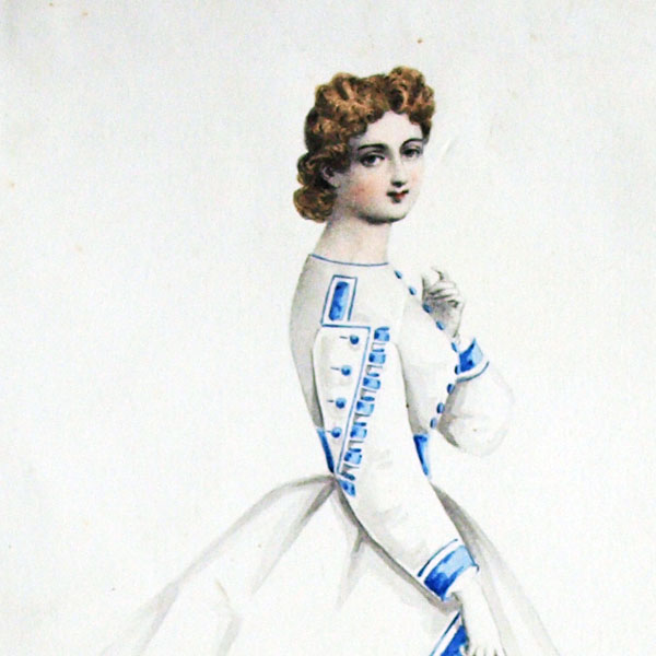 Projets de robes, ensemble de 6 dessins à l'aquarelle d'un dessinateur en costumes et robes (circa 1860-1870)