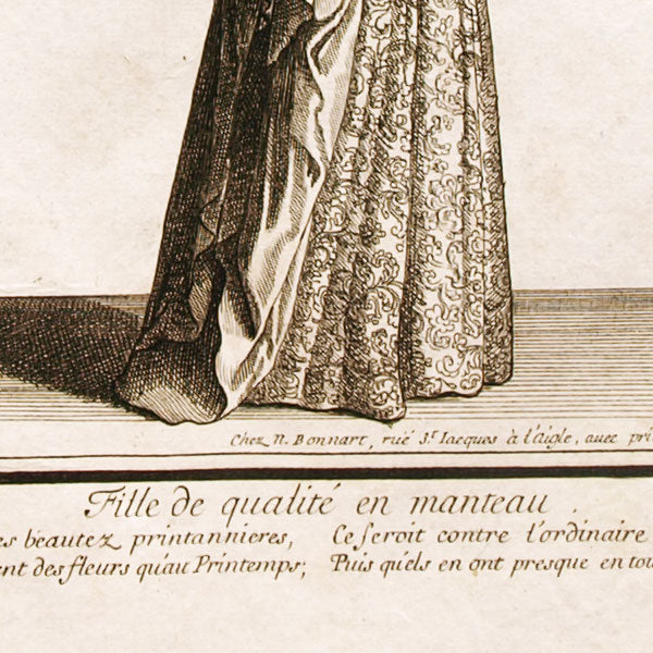 Fille de qualité en manteau, gravure de Bonnart (circa 1680-1690)
