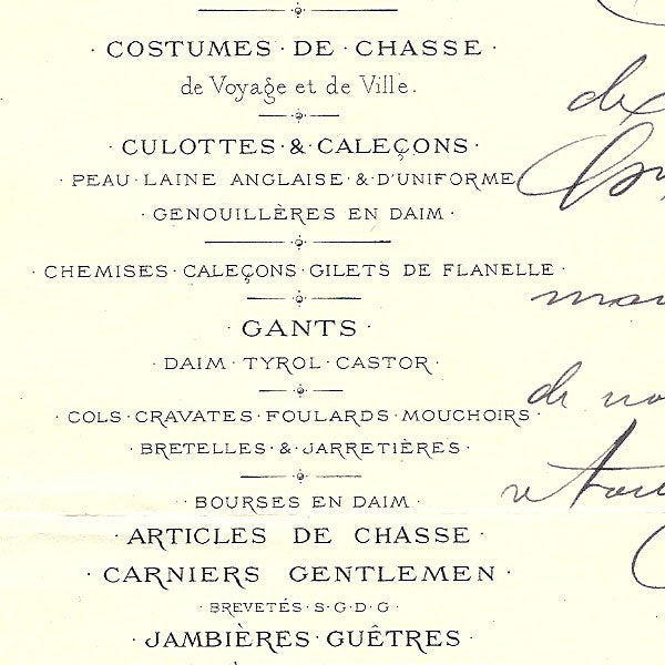 Facture de la maison Geiger, tailleurs-chemisiers, culottiers-guêtriers, 71 rue de Richelieu, à Paris (1890)