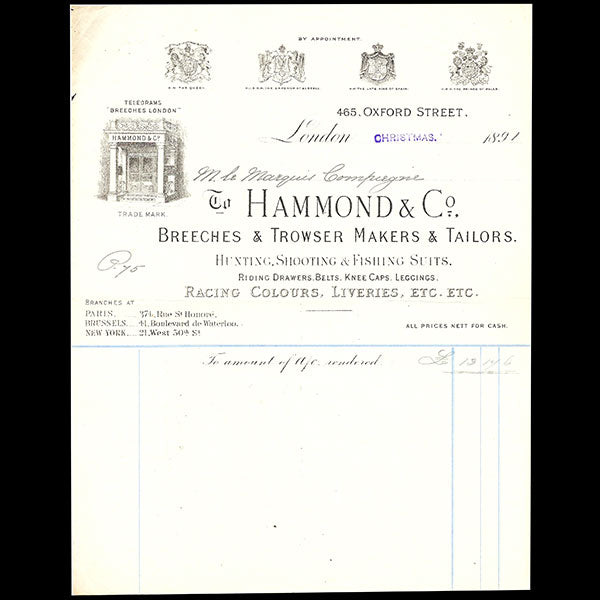 Facture du tailleur Hammond and co, 465 Oxford Street à Londres (1891)