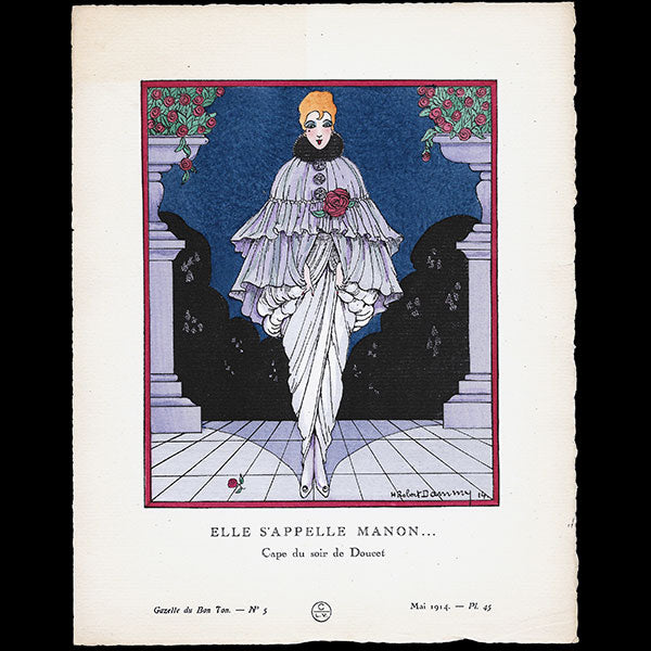 Gazette du Bon Ton - Elle s'appelle Manon, cape du soir de Doucet, planche de Robert Dammy (n°5, 1914)