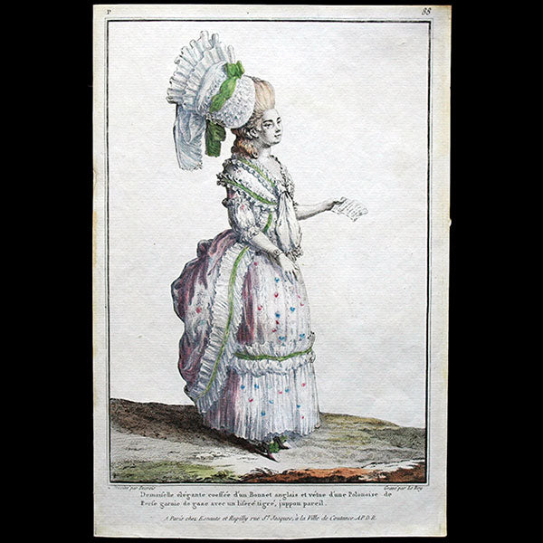 Gallerie des Modes et Costumes Français, gravure n° P 88, Demoiselle élégante par Desrais (1778)