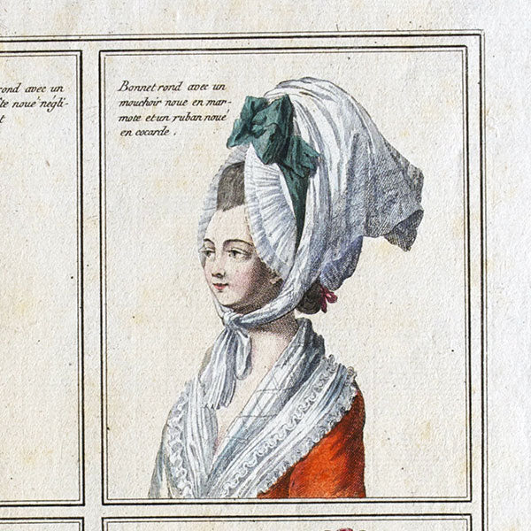 Gallerie des Modes et Costumes Français, 1778-1787, gravure n° B 10, Bonnet rond avec un serre-tête (1778)
