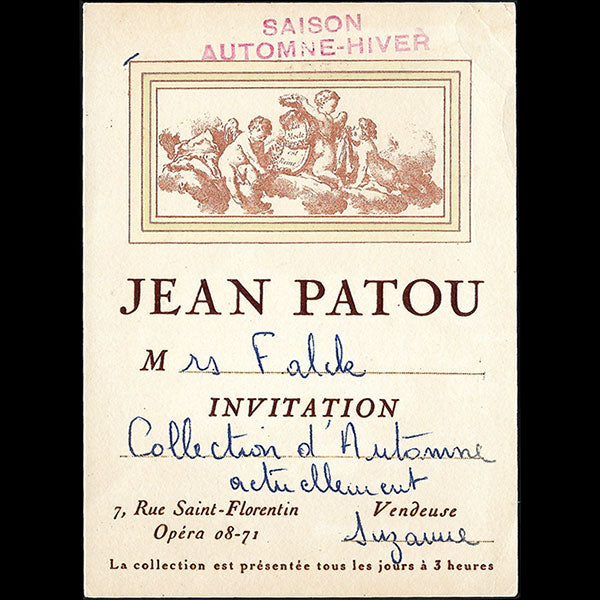 Carton d'invitation de la maison Jean Patou (1953)