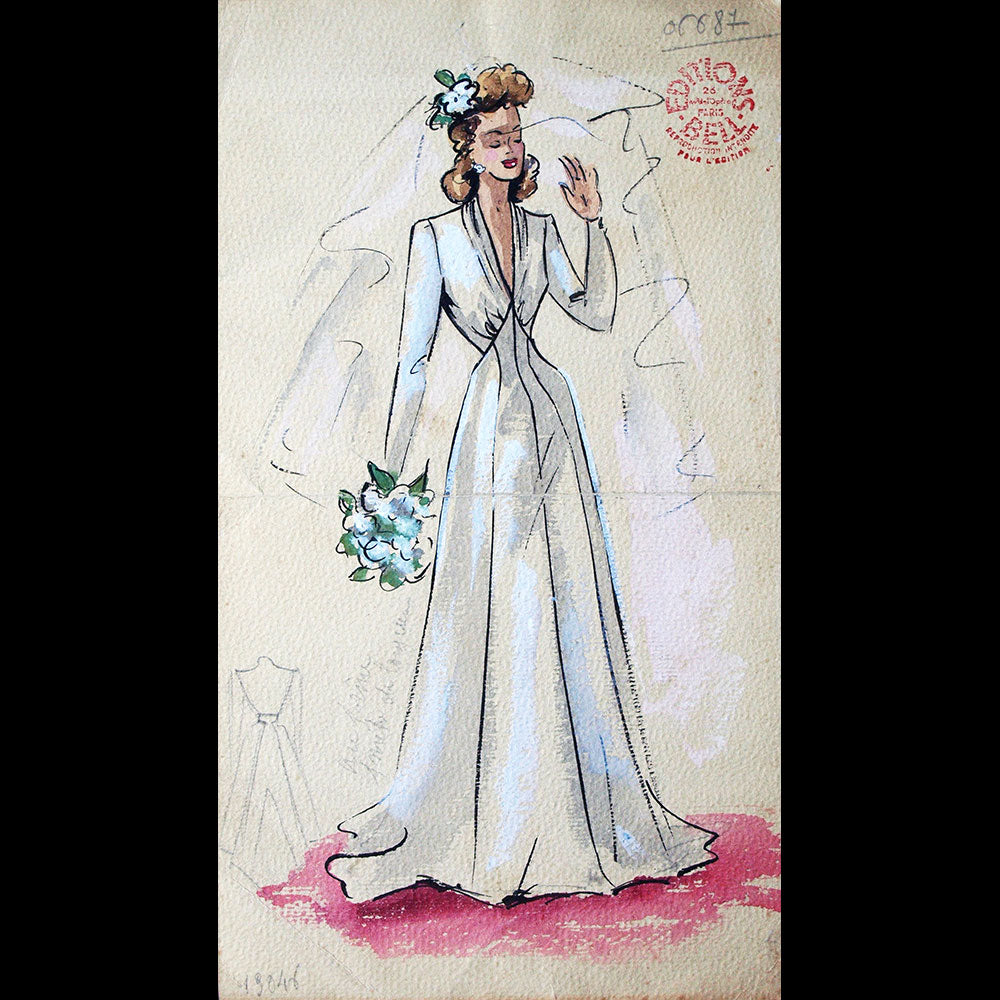 Robe de mariée - Gouache pour les éditions Bell (circa 1940s)