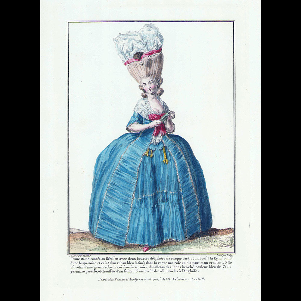 Gallerie des Modes et Costumes Français, 1778-1787, gravure n° P 90, Jeune Dame coeffée en hérisson (1778)