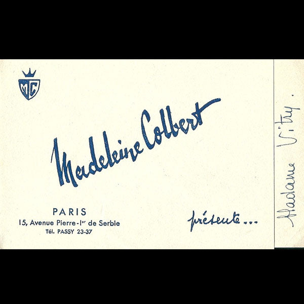 Carton d'invitation de la maison Madeleine Colbert, 15 avenue Pierre Ier de Serbie à Paris (circa 1940)
