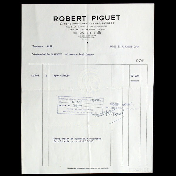 Facture de la maison Robert Piguet (1949)