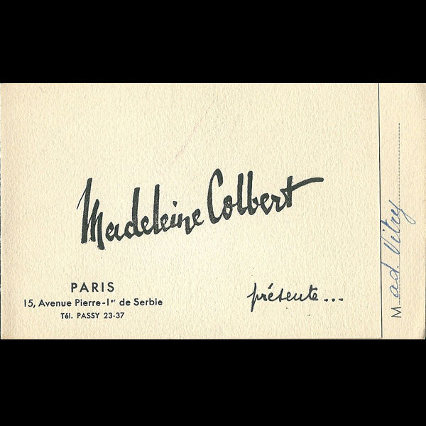 Carton d'invitation de la maison Madeleine Colbert, 15 avenue Pierre Ier de Serbie à Paris (circa 1940)