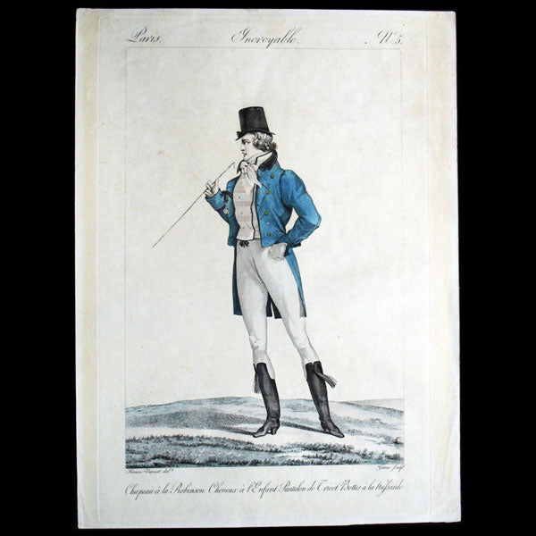 Incroyables et Merveilleuses, planche n°5, Incroyable au Chapeau à la Robinson, par Horace Vernet (1811)