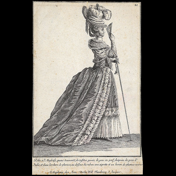 Gallerie des Modes et Costumes Français, 1778-1787, copie d'époque de la gravure n°135, Robe à l'Anglaise (1779)