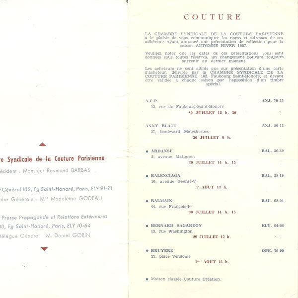 Calendrier des collections, Automne-Hiver 1957
