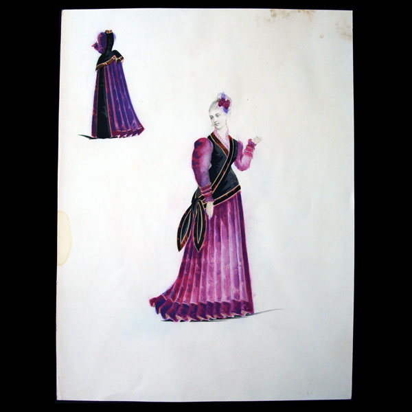 Projets de robes, ensemble de 2 dessins à l'aquarelle d'un dessinateur en costumes et robes (circa 1870)