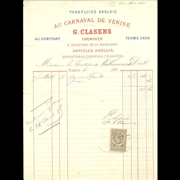Facture du Carnaval de Venise, G. Clasens chemisier, 3 boulevard de la Madeleine à Paris (1885)