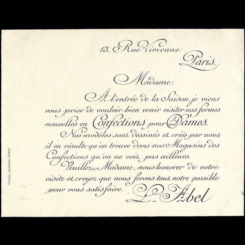 L. Abel - Invitation de la maison de confection, 13 rue Vivienne (circa 1910s)
