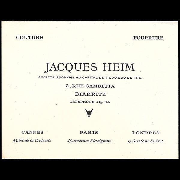 Heim - Réunion des 4 cartes de la maison Heim de Paris, Londres, Biarritz et Cannes (circa 1940's)