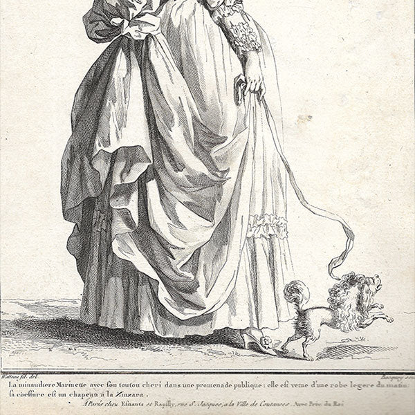 Gallerie des Modes et Costumes Français, 1778-1787, gravure n° eee 312, La minaudière Marinette par Watteau (1785)