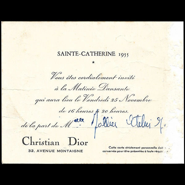 Christian Dior - Carton d'invitation à la matinée dansante pour la Sainte-Catherine (1955)