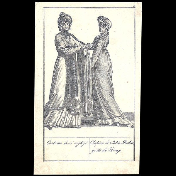 Costume demi négligé, chapeau de satin, redingote de drap (1805)