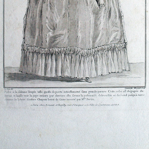 Gallerie des Modes et Costumes Français, 1778-1787, gravure n°rr 240, Robe à la Sultane, chapeau inventé par Mlle Bertin (1782)