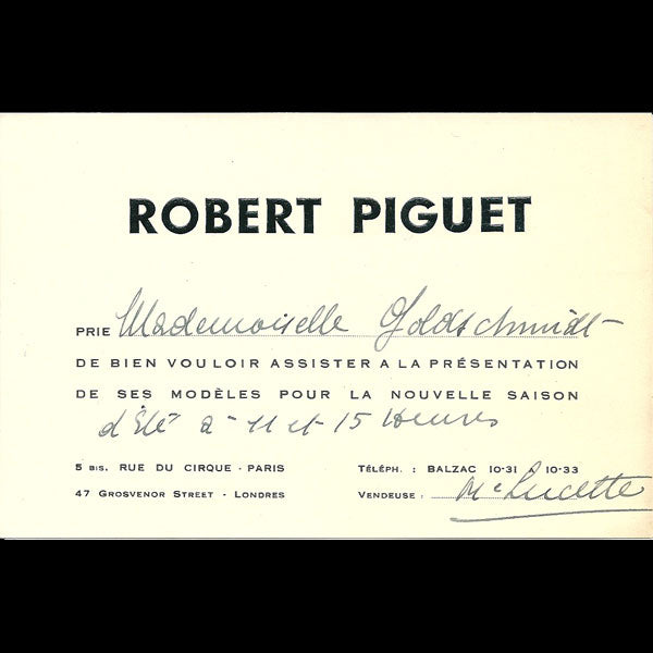 Invitation de la maison Robert Piguet (circa 1935)